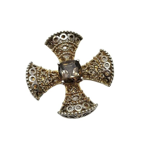 Smokey Quartz Brown Rhinestone Sterling Silver .925 Cross Patty Pendant - Picture 2 of 4